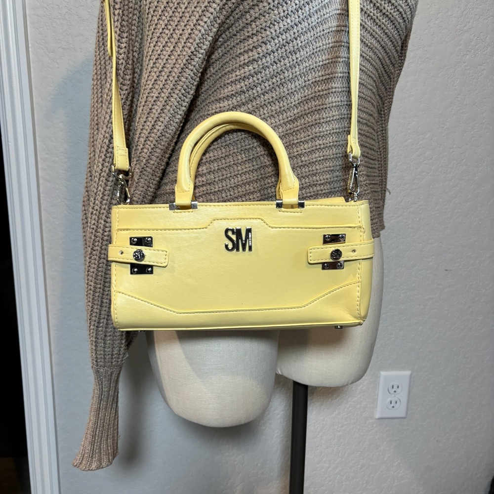 Steve Madden Pale Yellow Faux Leather Satchel Crossbody Handbag Silver SM Logo - Picture 14 of 14